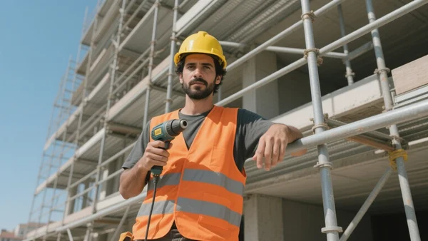 Ouvrier portugais sur un chantier de construction en France, casque de chantier sur la tête, tenant un outil, regardant l'objectif, ambiance de travail sur un échafaudage en plein air