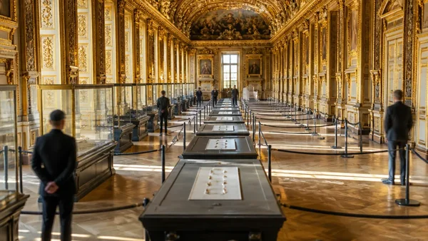 La galerie d'Apollon, rouverte après le cambriolage, avec ses vitrines et son décor doré.