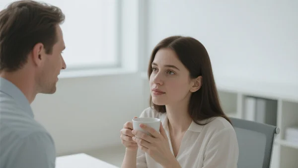 Jeune femme assise face à une psychologue dans un bureau clair, toutes deux se regardant, la patiente tenant une tasse, atmosphère calme et bienveillante, vue en plan moyen