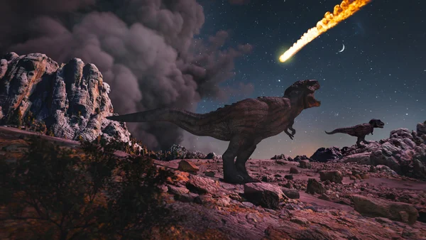Deux T. rex observant la météore fatidique dans un ciel nocturne.