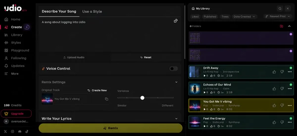Panneau de création de musique Udio avec options de description et de remix.