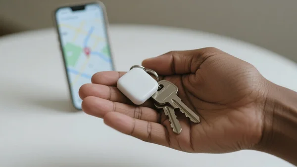 Porte-clés connecté de type tracker (petit boîtier carré blanc) attaché à un trousseau de clés, tenu dans une main, avec un smartphone en arrière-plan affichant une carte de localisation floue. Vue en plan serré. L'image doit montrer la technologie anti-perte moderne, avec un ton pratique et rassurant.