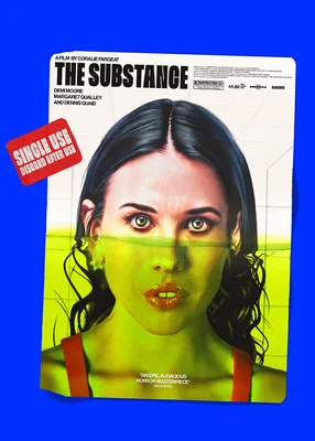 Affiche alternative du film The Substance avec un effet de liquide vert sur le visage d'une femme.