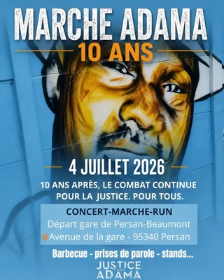 Affiche de la Marche Adama 2026, avec un portrait mural d'Adama Traoré.