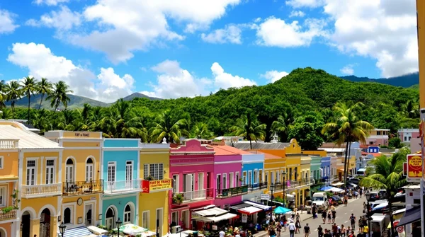 Vue colorée de Fort-de-France, capitale de la Martinique, avec ses bâtiments coloniaux et palmiers.