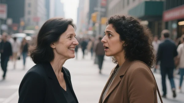 Deux femmes d'âge mûr, visages presque identiques, se faisant face dans une rue piétonne animée, l'une souriant, l'autre étonnée, composition en plan américain, intention éditoriale : montrer la rencontre fortuite et surprenante entre un passant et son sosie, ton étonné et intrigué.