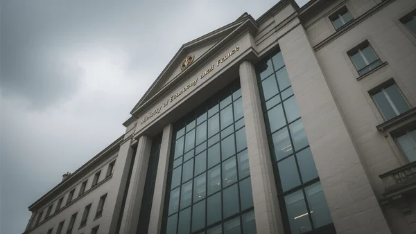 Façade du ministère de l'Économie et des Finances à Bercy, Paris, sous un ciel gris et menaçant, vue en contre-plongée pour accentuer la solennité et l'inquiétude