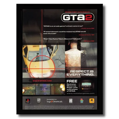 Affiche promotionnelle de Grand Theft Auto 2 avec des captures d'écran du jeu, des citations d'éloges critiques et les logos des plateformes.