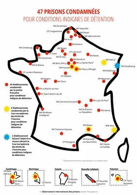 Carte des 47 prisons françaises condamnées pour conditions de détention indignes.