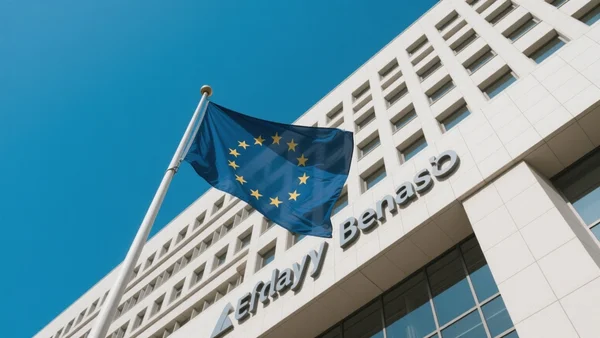 Façade du bâtiment Berlaymont, siège de la Commission européenne à Bruxelles, avec le drapeau de l'Union européenne flottant au vent, vue en contre-plongée pour souligner la puissance institutionnelle
