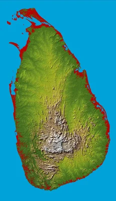 Carte topographique du Sri Lanka issue de la mission Shuttle Radar Topography, avec les zones situées sous 10 mètres d'altitude en rouge.