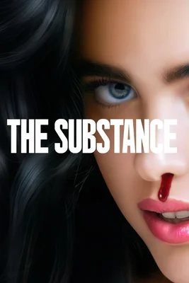 Affiche du film 'The Substance' : gros plan d'une femme au visage ensanglanté, le titre en lettres blanches.