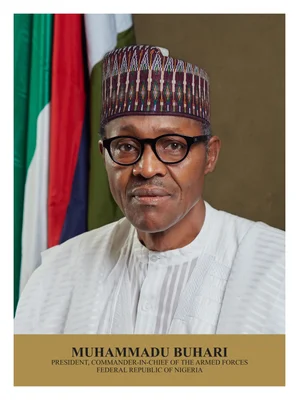 L'ancien président Muhammadu Buhari, portrait officiel en tenue traditionnelle.
