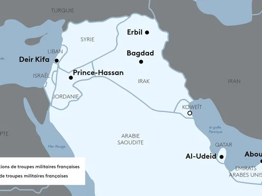 Carte des bases et déploiements français au Moyen-Orient (Liban, Jordanie, Irak, Qatar).