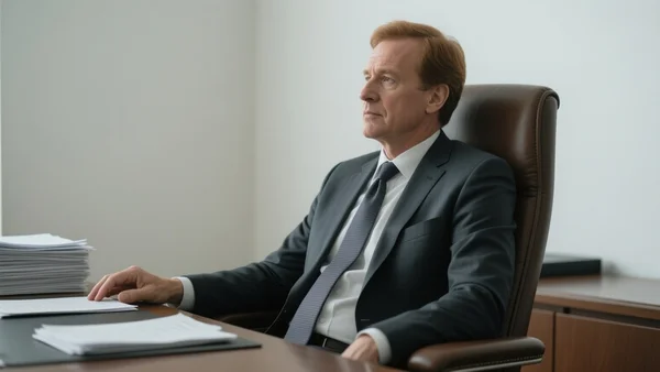 Homme d'âge mûr en costume-cravate, assis à un bureau, regardant pensivement au loin, main posée sur une pile de documents. Composition en plan américain, dans un bureau feutré. L'image doit évoquer la réflexion stratégique et l'influence politique.