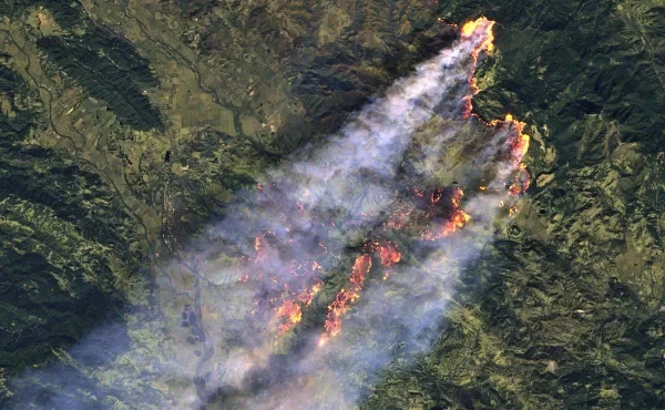 Image satellite d'un incendie de forêt actif avec un large panache de fumée, illustrant la détection par satellite.