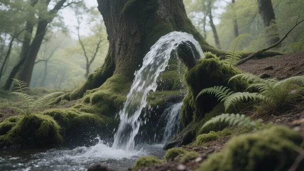 Vue en contre-plongée d'une source jaillissant au pied d'un chêne centenaire dans un sous-bois landais, mousse et fougères autour, ambiance paisible et mystérieuse