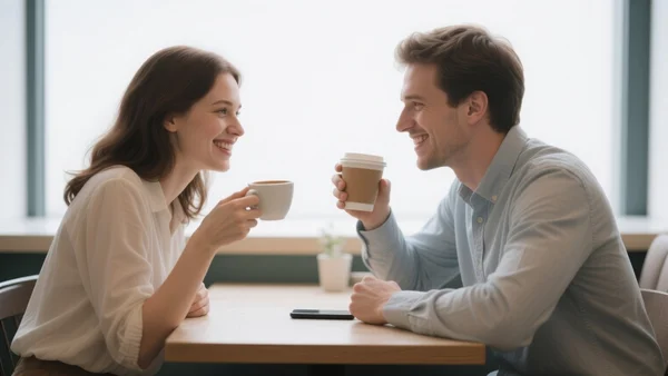Couple assis face à face à une table de café, souriant, tenant une tasse, sans téléphone, ambiance de complicité et de reconnexion, plan moyen