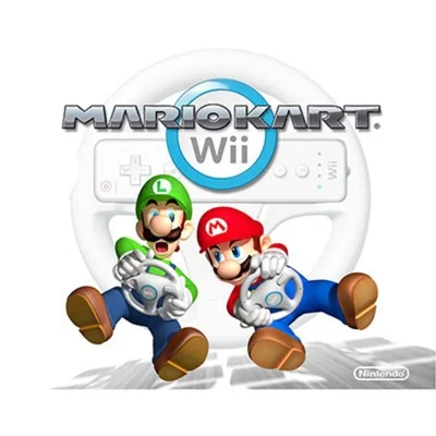 Mario et Luigi avec le Wii Wheel pour Mario Kart Wii.