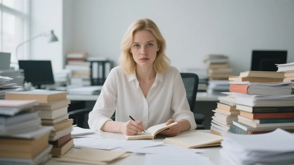 Portrait d'une femme écrivain dans son bureau, entourée de livres et de papiers, regard déterminé, ambiance studieuse et engagée