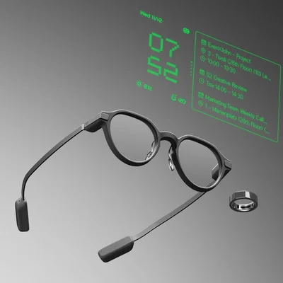 Lunettes Even Realities noires avec interface holographique affichant heures, météo et calendrier.