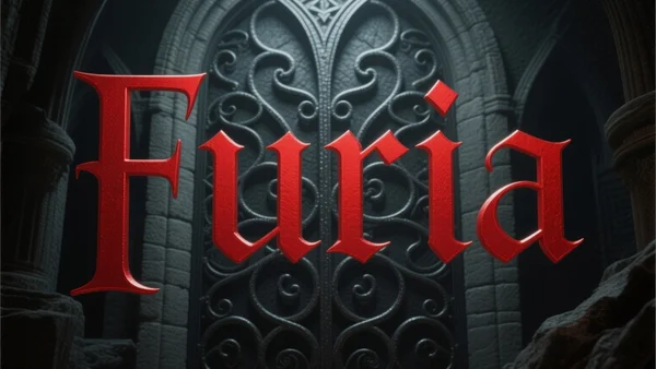 Couverture du livre Furia avec un fond sombre et des motifs évoquant le Moyen Âge, le titre en lettres rouges