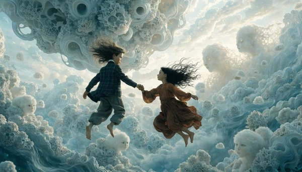 Deux enfants, un garçon et une fille aux longs cheveux, flottent main dans la main au milieu d'un ciel peuplé de nuages aux formes étranges, de créatures vaporeuses et de lumières douces, leurs vêtements et leurs cheveux flottant en apesanteur, dans une ambiance de rêve éveillé.