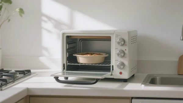 Mini-four posé sur un plan de travail dans une petite cuisine lumineuse, porte ouverte laissant voir un plat à l'intérieur, vue de face, ambiance pratique et accessible