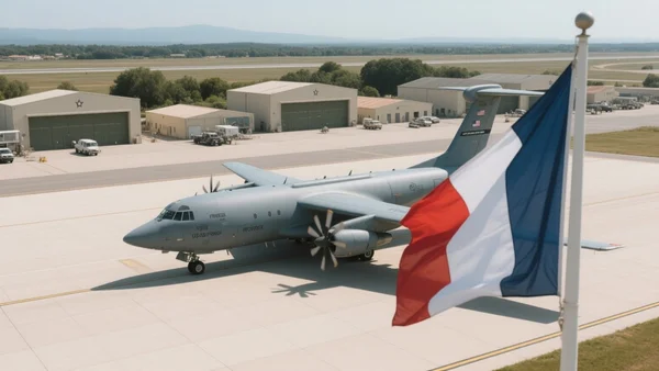Vue aérienne d'un avion ravitailleur militaire américain sur le tarmac de la base aérienne d'Istres, dans les Bouches-du-Rhône, avec des bâtiments militaires en arrière-plan et le drapeau français flottant au vent. L'intention éditoriale est d'illustrer le lieu concret du différend diplomatique entre la France et les États-Unis, dans une tonalité sobre et factuelle.