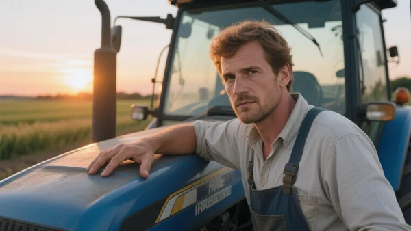Portrait en gros plan d'un agriculteur français, la main posée sur le capot d'un tracteur, regard déterminé, dans un champ au coucher du soleil, exprimant la résistance et la victoire des agriculteurs face aux négociations commerciales européennes