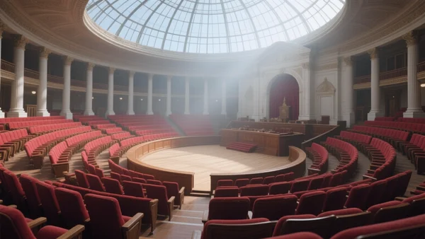 Vue d'ensemble de l'hémicycle du Parlement français, sièges vides, lumière du jour traversant la verrière, atmosphère solennelle et institutionnelle