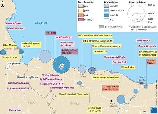 Carte infographique des musées et mémoriaux du Débarquement le long de la côte normande.
