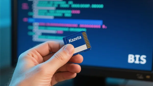 Gros plan sur une main tenant une carte SD bleue et blanche marquée 'Kazeta', devant un écran d'ordinateur affichant un menu BIOS inspiré de la PlayStation originale. L'image doit illustrer le concept de jeu physique sur PC via carte SD, avec un ton technique et légèrement rétro.