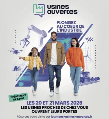 Affiche des Journées Usines Ouvertes, événement national où plus de 500 usines françaises ouvrent leurs portes au public.