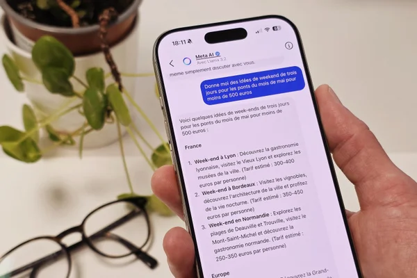 Interface Meta AI sur iPhone avec suggestions de voyage.