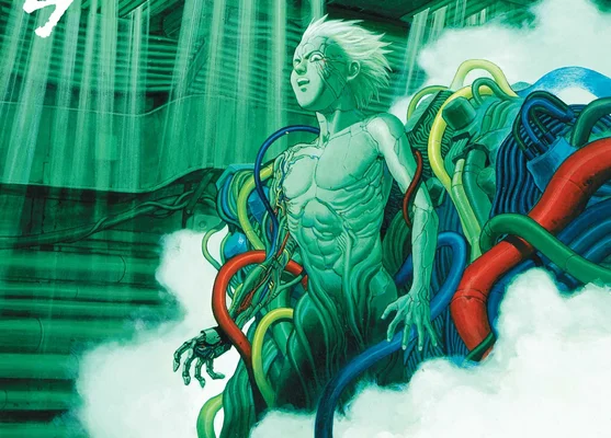 Planche du manga Akira représentant une créature cybernétique dans un décor vert