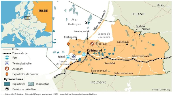 Carte infographique de l'oblast de Kaliningrad avec routes, villes et ressources naturelles.