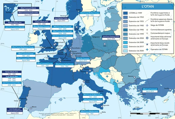 Carte infographique de l'expansion de l'OTAN en Europe (1949-2020).