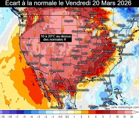 Anomalies de température en Amérique du Nord le 20 mars 2026 : un dôme de chaleur exceptionnel.
