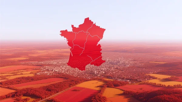 Carte de France métropolitaine vue du dessus, zones colorées en rouge, orange et jaune couvrant la majorité du territoire, avec la Nouvelle-Aquitaine et le Centre-Val de Loire en rouge vif, fond blanc, style cartographique simple et lisible