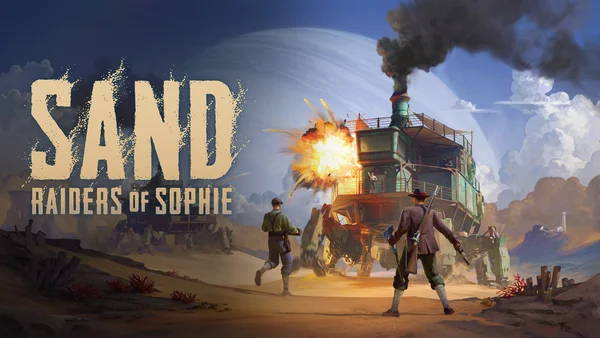 Deux personnages affrontent un véhicule mécanique géant dans le désert, illustration promotionnelle du jeu Sand: Raiders of Sophie.