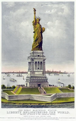 Affiche ancienne de Currier & Ives montrant la statue de la Liberté sur Bedloe's Island, entourée de navires.