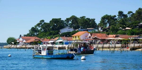 Bateau de pêche et bateau de passagers dans la baie du Cap Ferret, maisons et arbres en toile de fond.