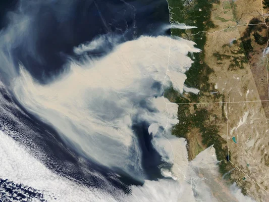 Image satellite du panache de fumée des incendies de forêt recouvrant la côte ouest des États-Unis.
