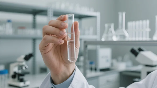Main d'un médecin tenant un tube à essai contenant un liquide clair, arrière-plan flou d'un laboratoire avec des étagères de matériel, ambiance clinique et scientifique