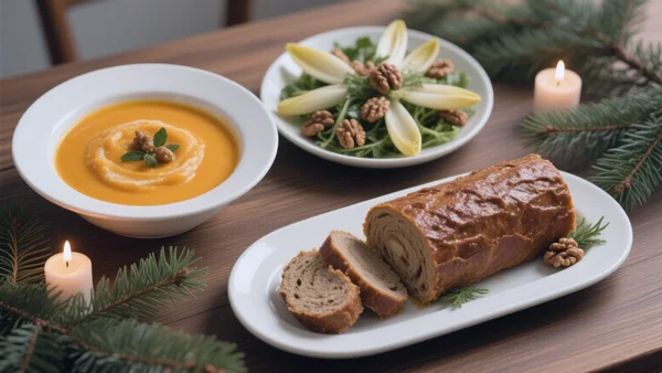 Plan rapproché de trois plats de Noël économiques sur une table en bois : un velouté de potimarron dans un bol, une salade d'endives aux noix, et une bûche maison tranchée, avec des branches de sapin et des bougies chauffe-plat autour