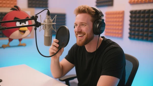 MrBeast souriant dans un studio d'enregistrement, un micro devant lui et un casque audio sur les oreilles, vue en plan moyen. L'image doit montrer le YouTubeur célèbre en train de prêter sa voix à un personnage d'Angry Birds 3, avec une intention éditoriale de souligner l'attrait du casting pour la nouvelle génération et l'ambiance enthousiaste du tournage.
