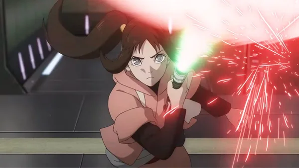Personnage féminin parant une attaque rouge avec un sabre laser vert dans Star Wars: Visions – Le Neuvième Jedi
