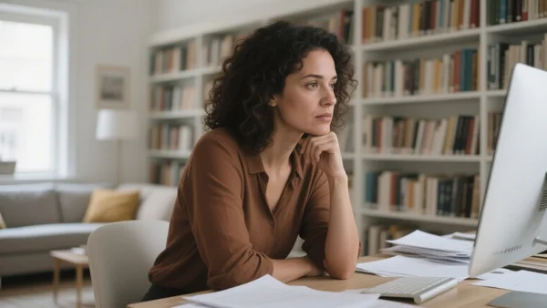 Premier plan d'une femme d'une trentaine d'années assise à un bureau, entourée de papiers et d'un ordinateur, regard pensif, bibliothèque en arrière-plan, dans un appartement lumineux