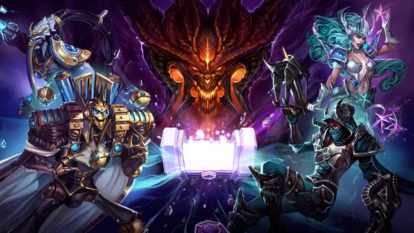 Quatre héros de Heroes of the Storm autour d'un coffre lumineux, avec un démon en arrière-plan.